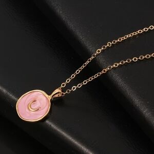 Gold Pink Enamel Moon Necklace